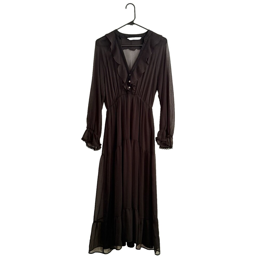 Zara Tiered Maxi Dress Size S Black Semi Sheer Ruffle Fairy Grunge Goth Witchy